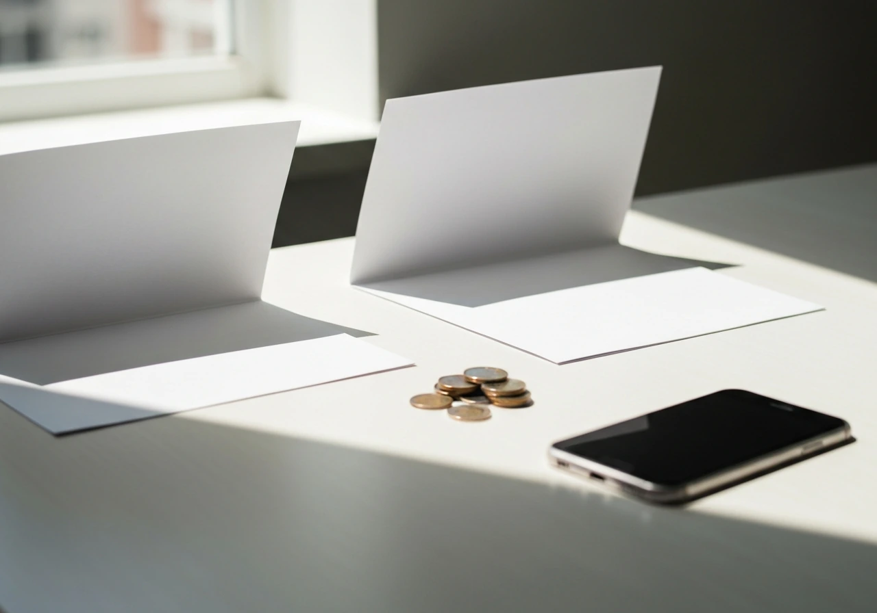 Minimal office desk with two unlabeled folders and scattered coins to symbolize conflicting net-worth sources.