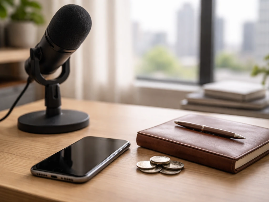 Minimal home office desk with microphone and coins, symbolizing creator income and financial estimates.