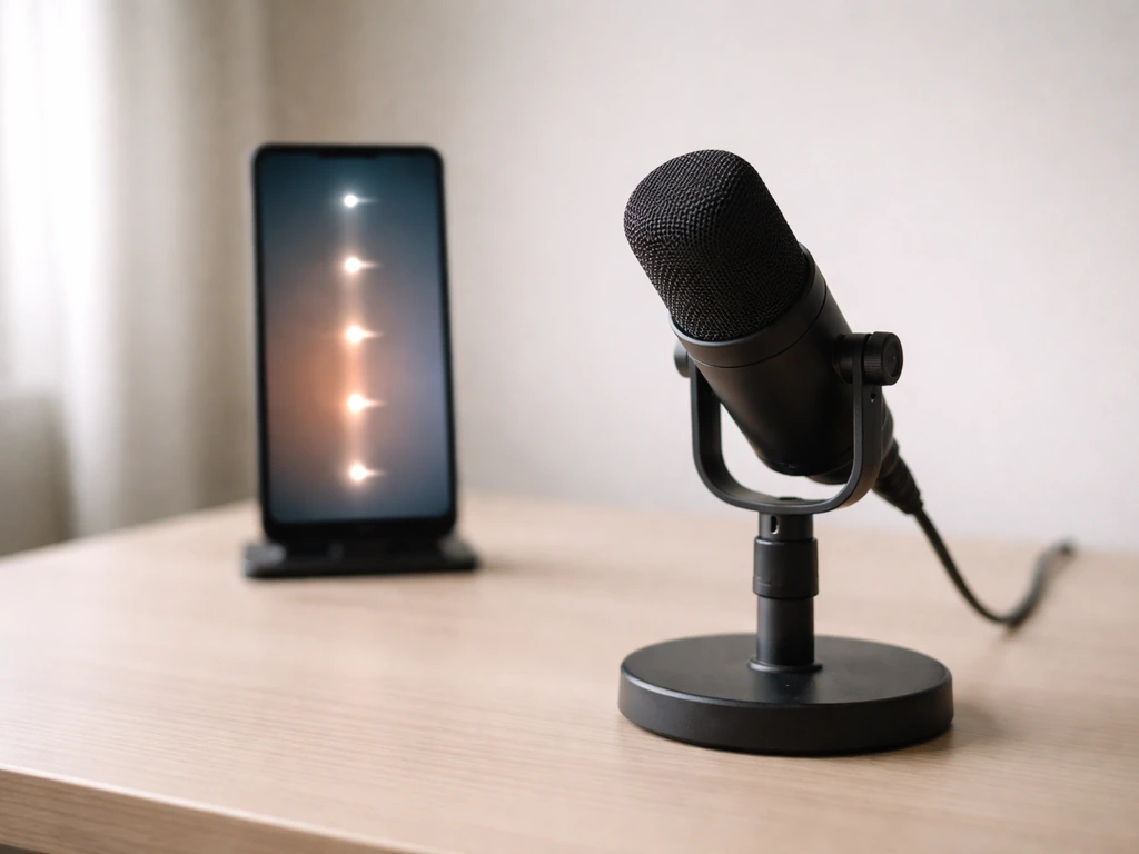 Minimal photo of a studio desk with a microphone and a digital screen showing a simple subscriber timeline-like glow