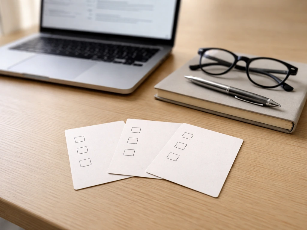 Minimal desk scene with laptop, pen, glasses, and blank checklist cards suggesting verifying financial estimates.