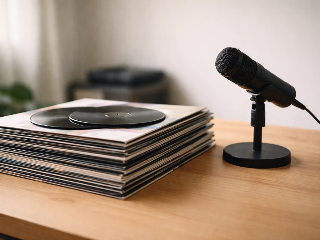 Vinyl records and streaming-style music discs arranged beside a small studio microphone in soft natural light.