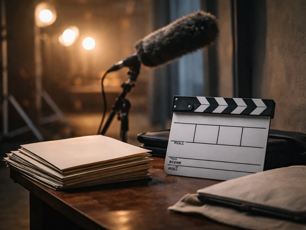 Minimal film set still with soft lighting and a producer’s clipboard beside a microphone on a desk