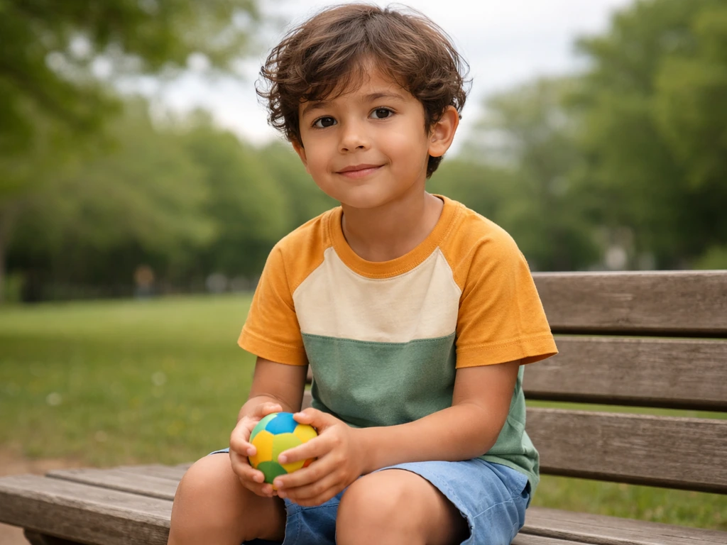 Child sitting in a quiet park, holding a small toy ball, candid natural light moment.