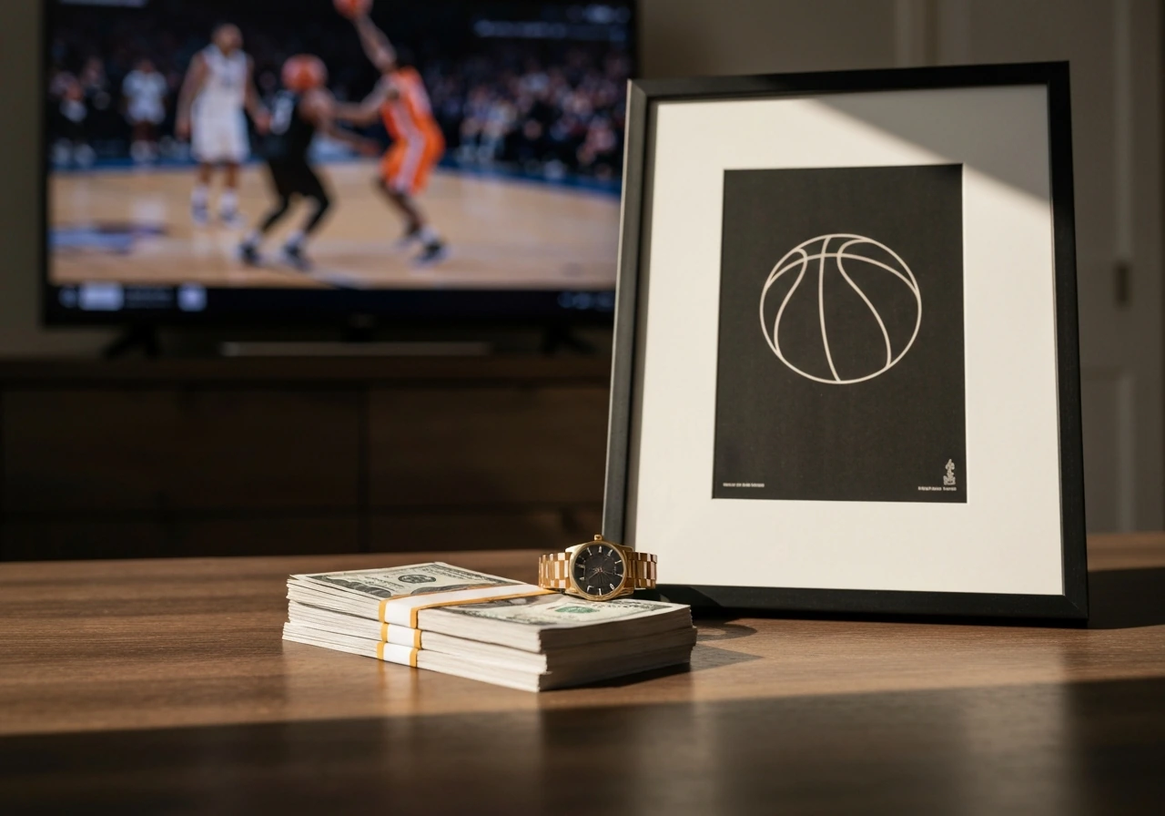 Luxury office desk with sports-themed items and blurred TV basketball action, symbolizing wealth and media analysis.