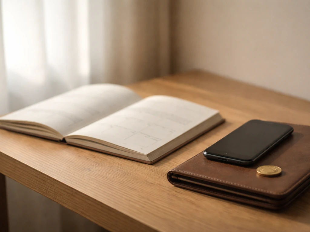 Minimal desk scene with an open calendar, smartphone, gold coin, and portfolio symbolizing changing wealth over time.