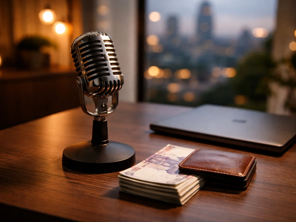 Vintage studio microphone and rand cash on a media desk with warm city bokeh in the background