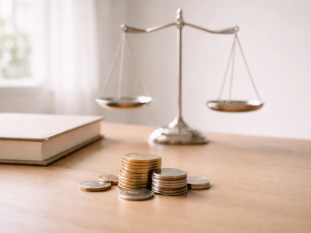 Coins and a closed ledger on a desk with a subtle balance scale symbol, representing assets minus liabilities.