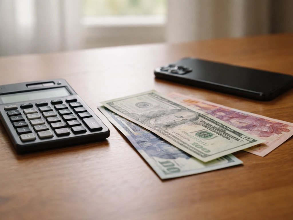 Close-up of a calculator and two currency notes under natural light, symbolizing USD to ZAR conversion.