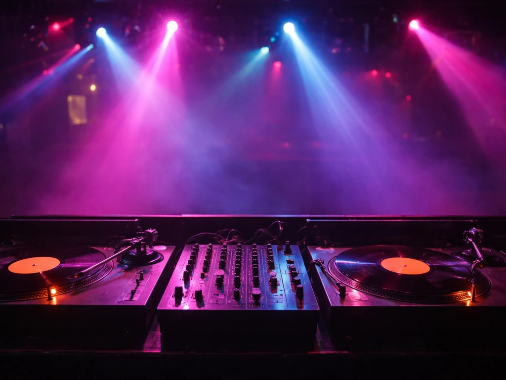 1990s dance-music stage lights glow over empty club DJ booth and turntables, hinting at an electronic performer.