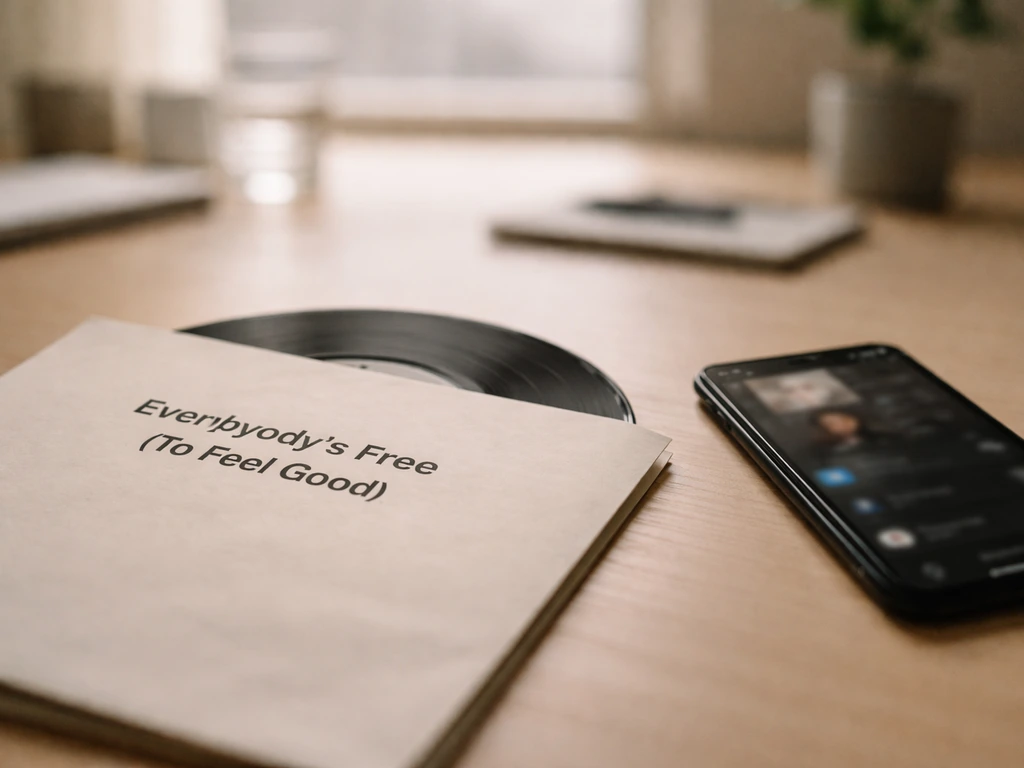 Close-up of a vinyl single sleeve and a phone with a blurred royalty-style screen on a desk
