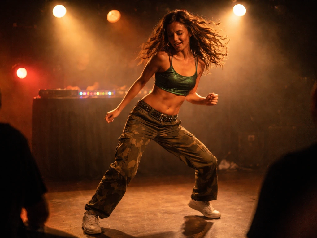 A lone female dancer performs on a dark club stage with a blurred DJ backdrop and warm spotlights.