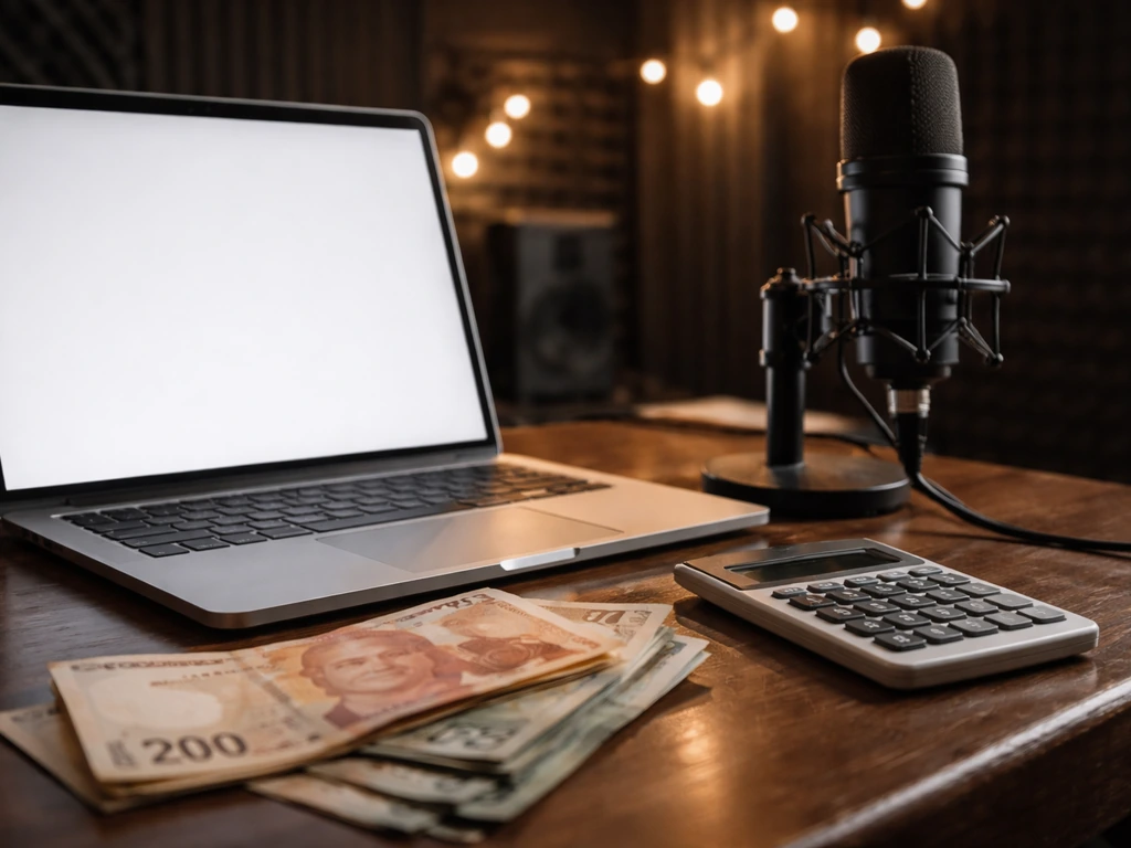 A minimal music studio desk with a microphone and a calculator-like device, symbolizing estimating an amapiano artist’s