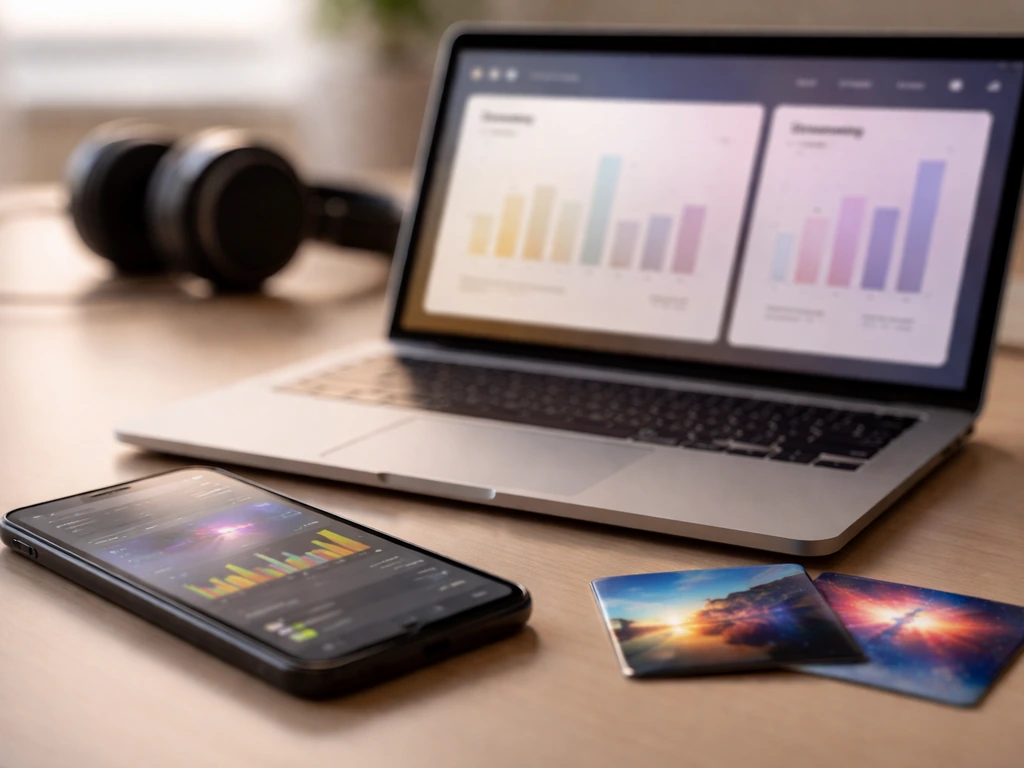 Phone and laptop on a desk with blurred, abstract music payout-style panels and generic single art.