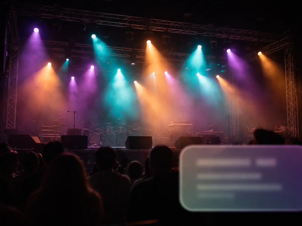 Empty amapiano concert stage with vibrant lights, with a blurred booking-fee style callout shape.
