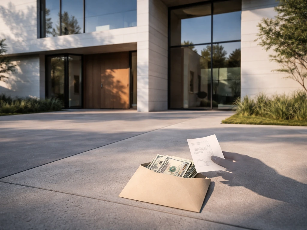 Modern home exterior with a subtle cash-and-receipt hint near the entrance, no people.