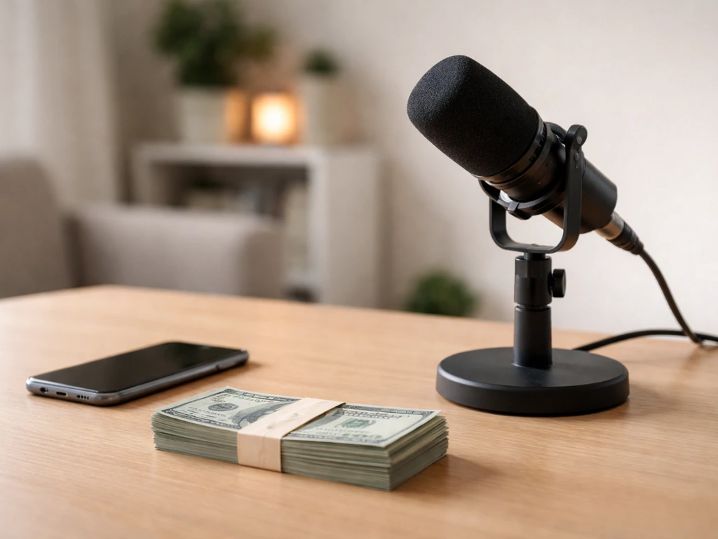 Minimal podcast studio desk with a microphone and a smartphone beside cash in soft natural light.