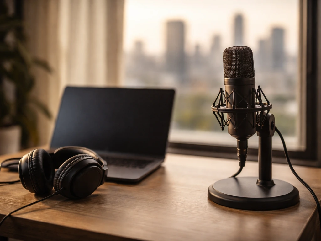Minimal office scene with a podcast microphone and blurred city view, symbolizing identifying a public media figure.