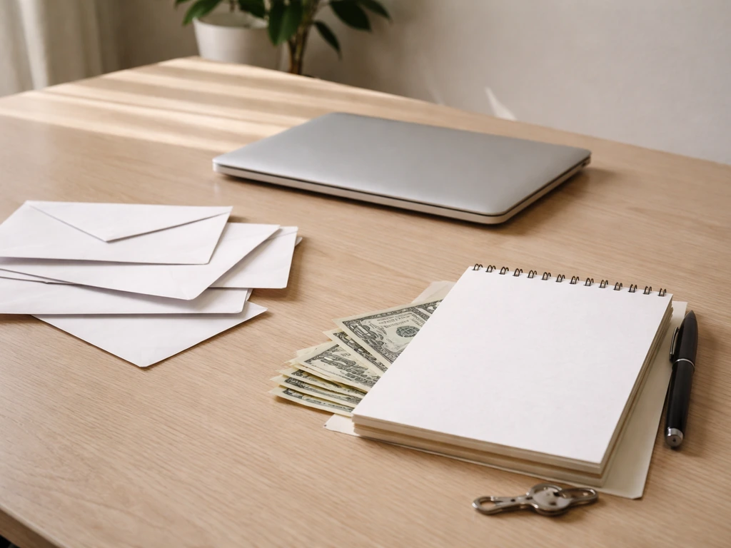 Minimal office desk with scattered envelopes and a closed laptop, symbolizing conflicting net-worth estimates.