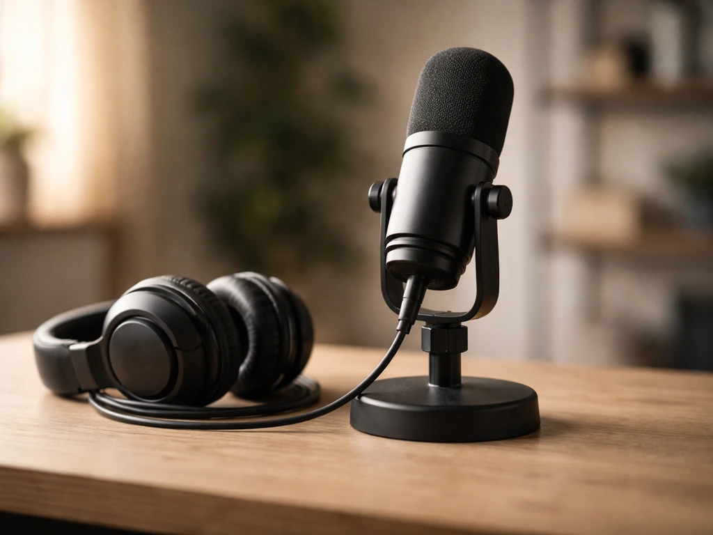 Minimal desk scene with a podcast microphone and headphones, suggesting podcast advertising as the main income source.