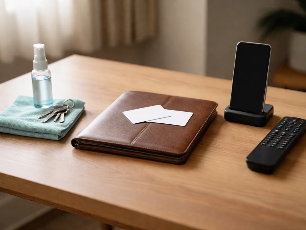 Minimal desk scene with cleaning supplies, a briefcase, and a remote/phone symbolizing income sources.
