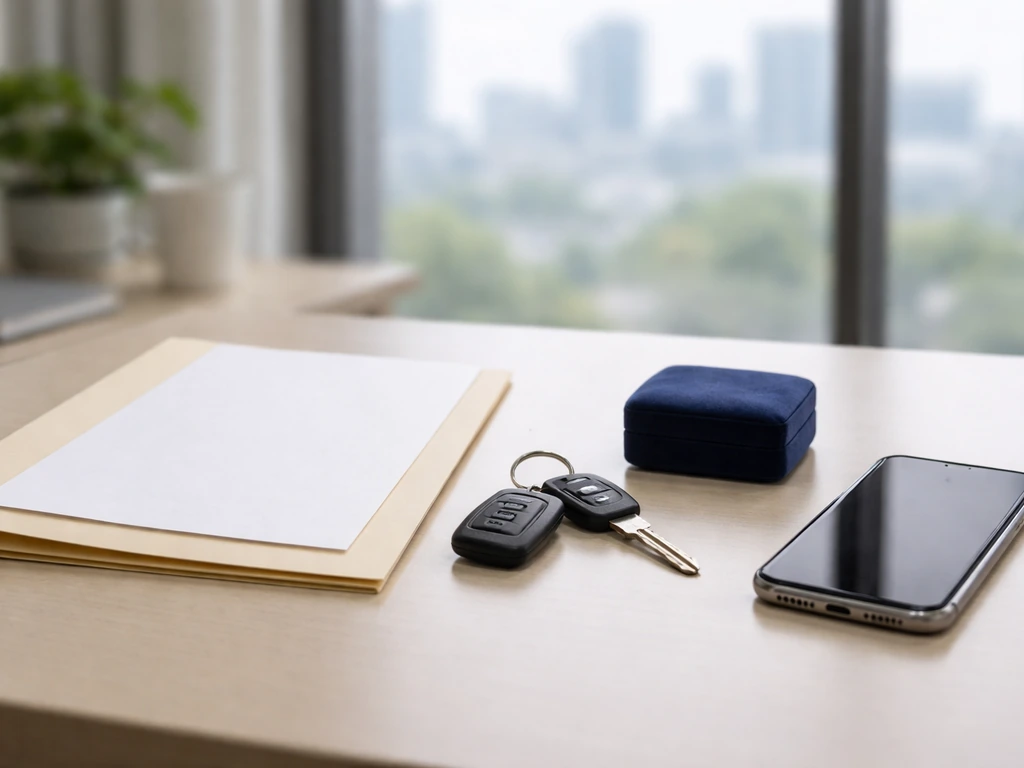 Minimal photo of an office desk with a property file folder, car keys, jewelry box, and phone—no identifying people.