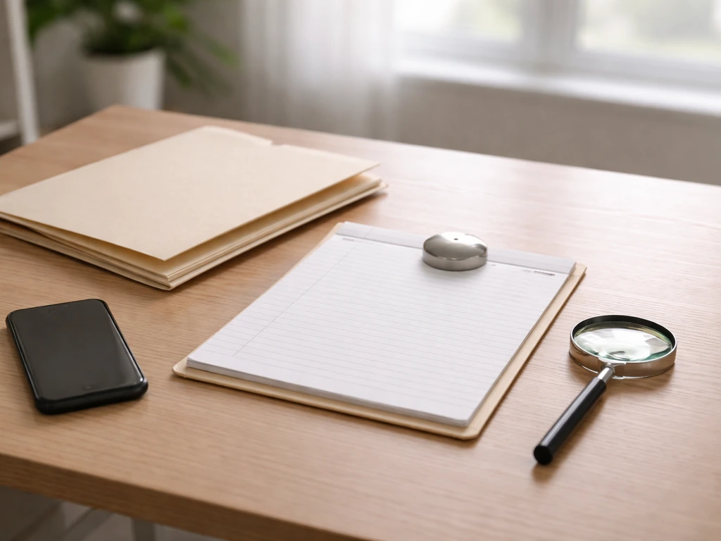 Minimal desk scene with magnifying glass and documents, suggesting checking sources and recency of net worth claims.