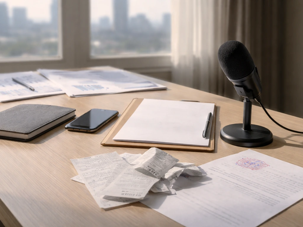 Minimal desk with blank documents, receipts, phone, and microphone symbolizing how income records inform net worth estim