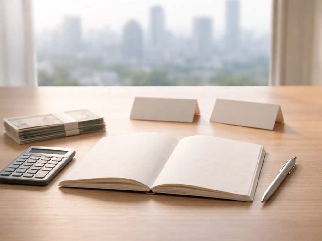 Minimal office desk with scattered cash, a notebook, and a calculator beside a softly blurred city skyline