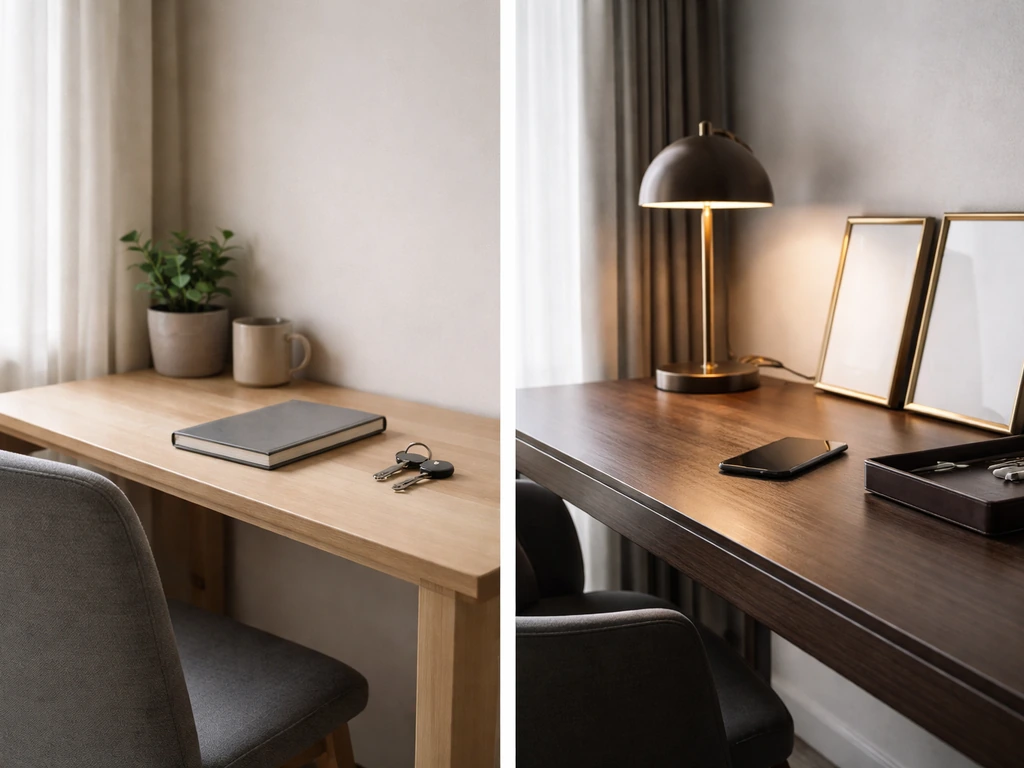 Minimal split scene: modest apartment corner on one side and upscale office corner on the other.