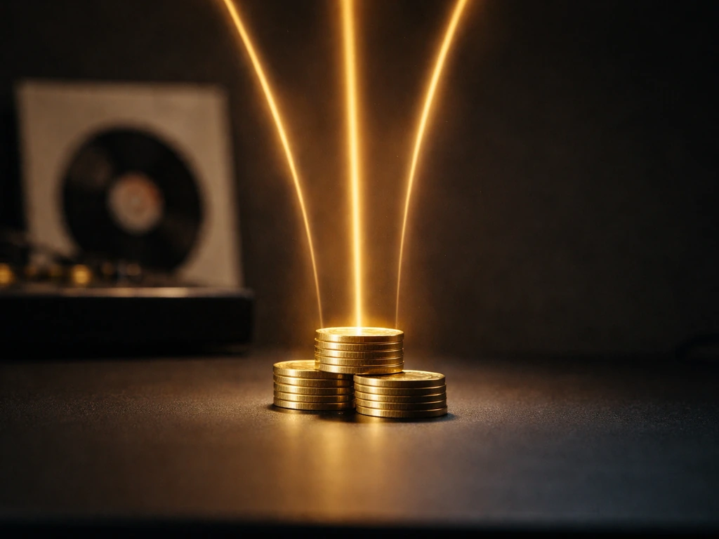 Minimal close-up of a music royalty revenue flow concept: stylized cash-like light beams into a small stack of coins