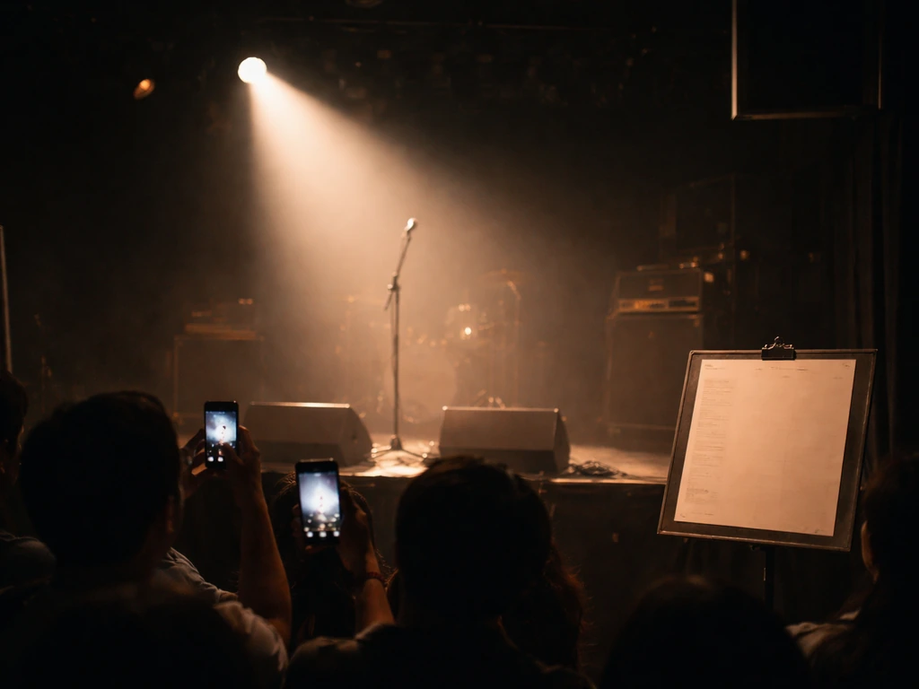 Empty concert stage with a single spotlight and a small crowd holding phones, suggesting live touring income.