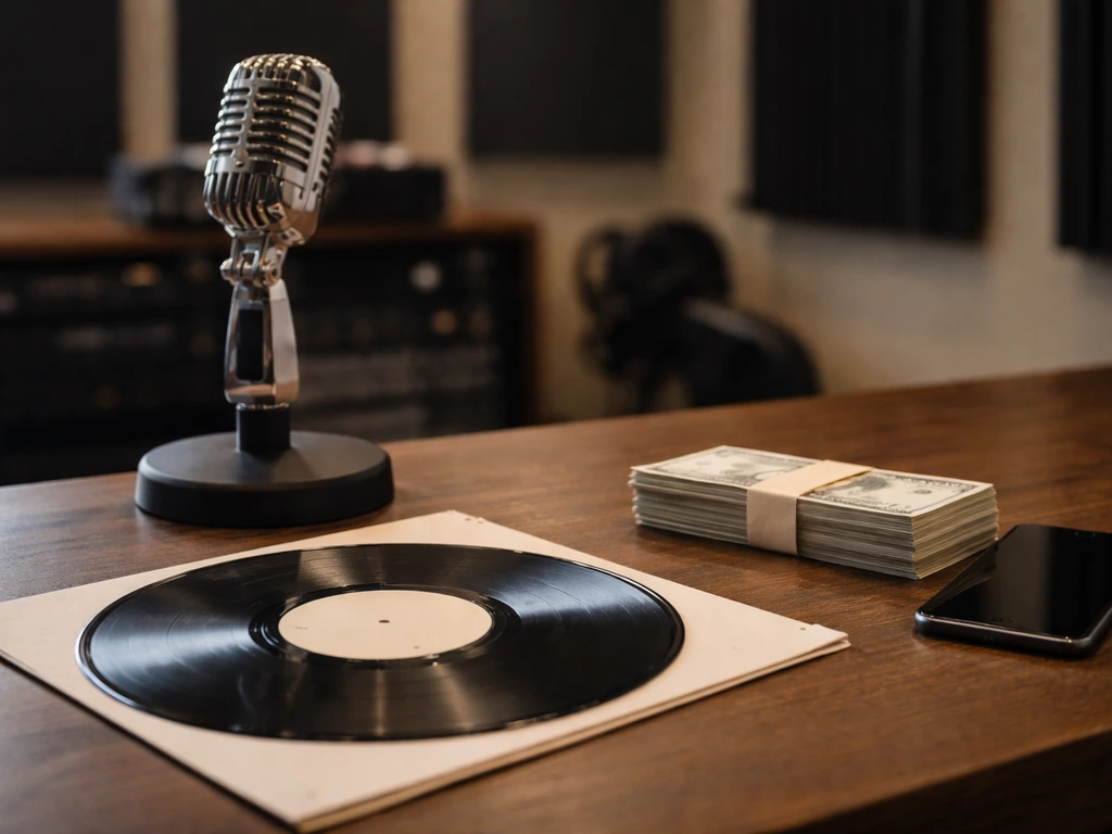 Minimal studio desk with a microphone, vinyl record, and cash-styled props suggesting music earnings milestones