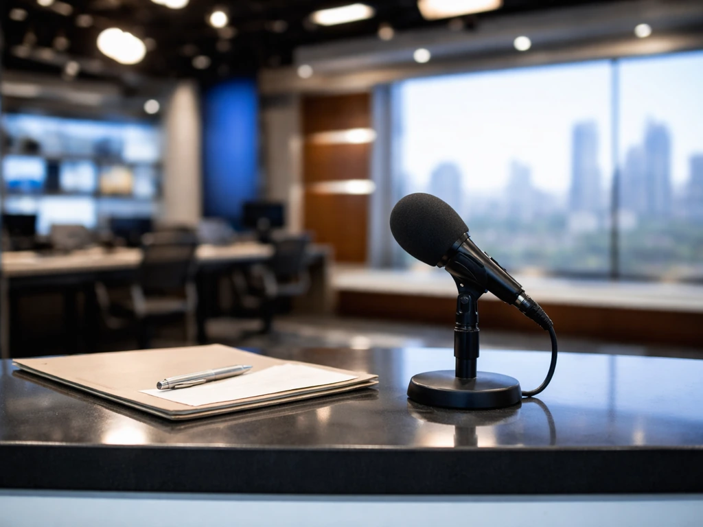 Empty CBS-style newsroom desk with microphone and a blurred TV studio background, evoking broadcast journalism