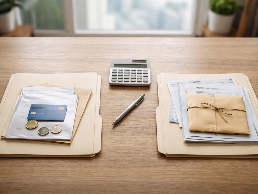 Two open folders on a desk showing assets vs liabilities through objects only, no text.