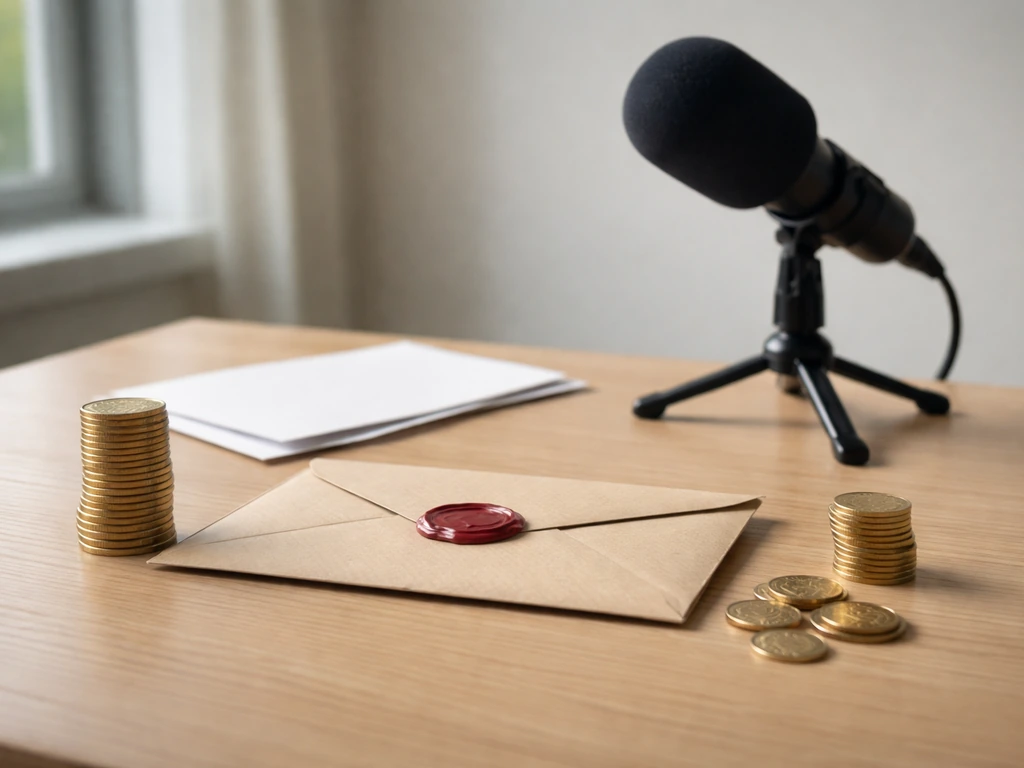 Minimal photo of an analyst’s desk with scattered envelopes, a sealed envelope marked “confidential,” and a camera-ready