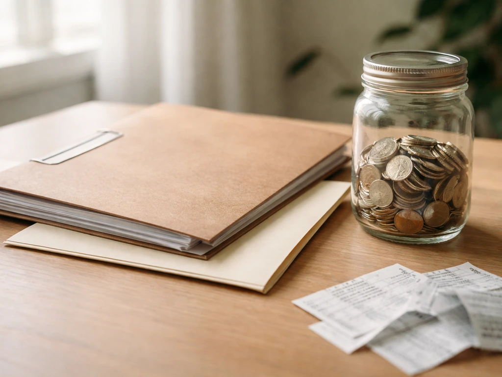 Minimal desk scene with financial documents and coins representing assets minus liabilities.