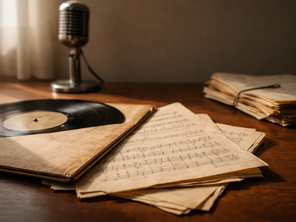 Vintage sheet music and record sleeve with aged royalty documents on a wooden desk.