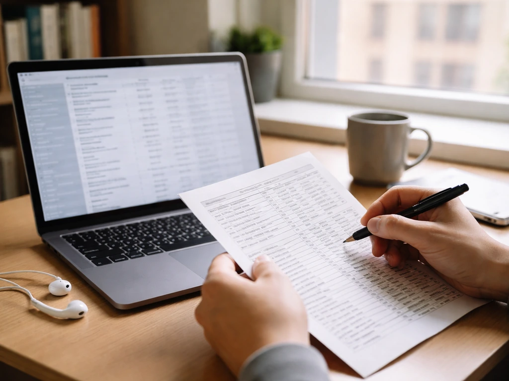 Hands review music-royalty documents at a desk while a laptop shows a blurred royalty catalog list.