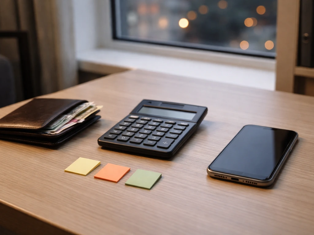 Minimal desk scene with wallet, calculator, and blank colored tabs suggesting a range-based estimate.