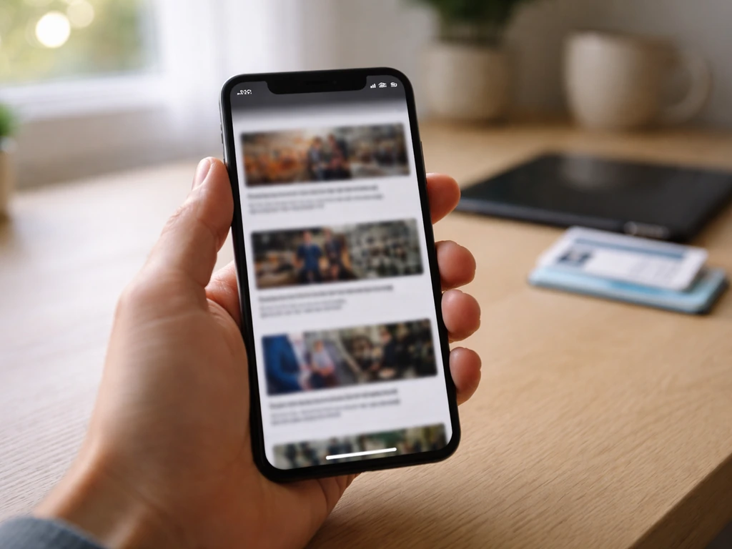 Close-up of a hand holding a smartphone displaying a generic news feed about entertainment business updates