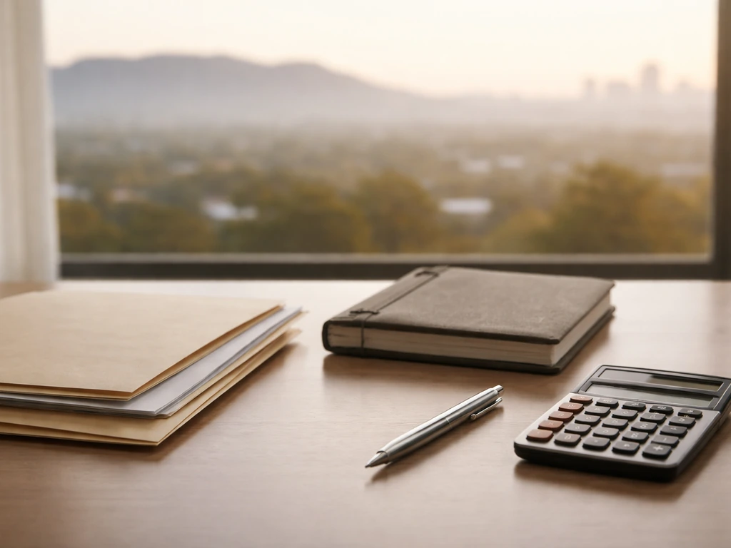 Minimal desk scene with papers and a calculator symbolizing estimating a public figure’s net worth.
