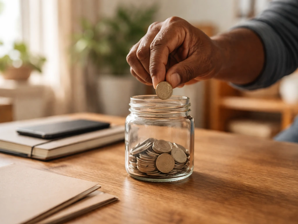 Minimal photo of a woman’s hands placing a coin into a small glass jar on a desk