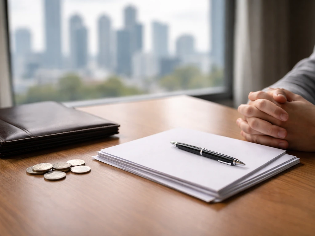 Minimal office desk scene with a small stack of documents, pen, and a blurred city view symbolizing wealth components.