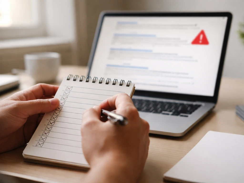 Person reviewing a checklist beside a laptop showing credible sources search results and a warning marker