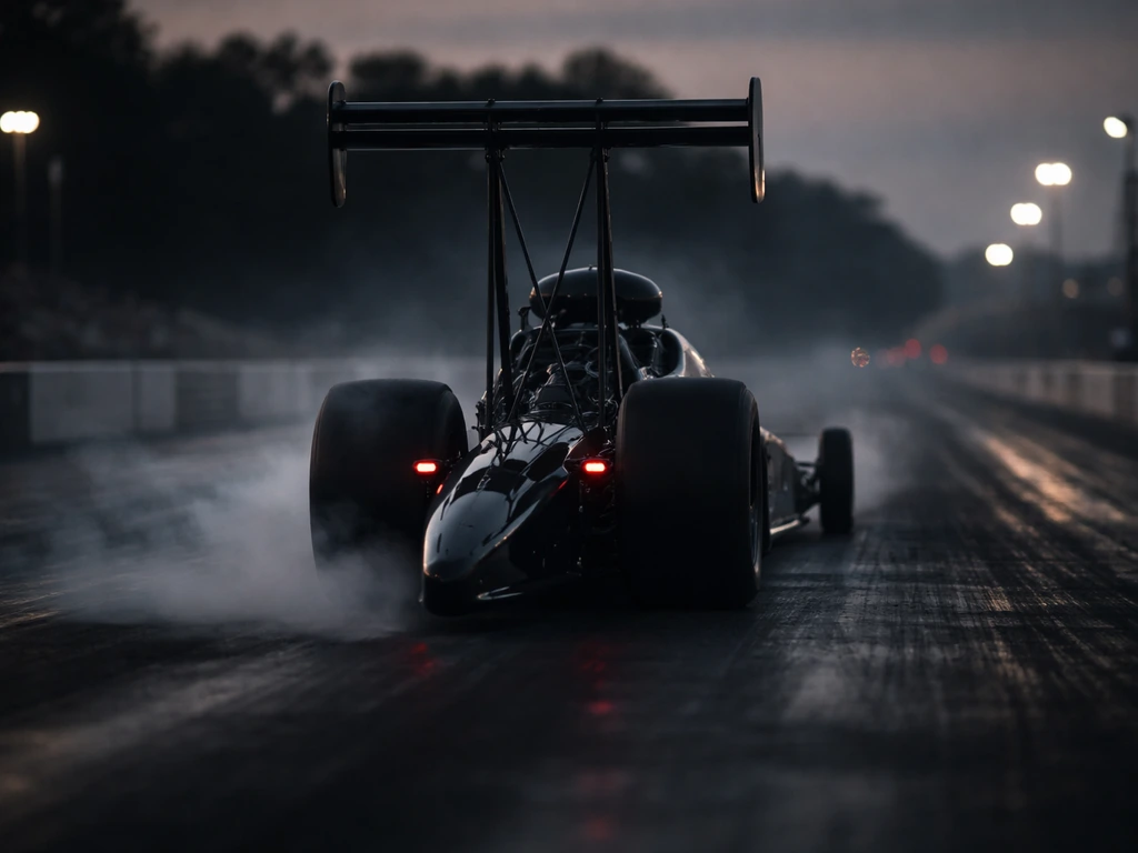 NHRA-style Top Fuel drag racing scene with a race car on the start line at dusk, smoky atmosphere