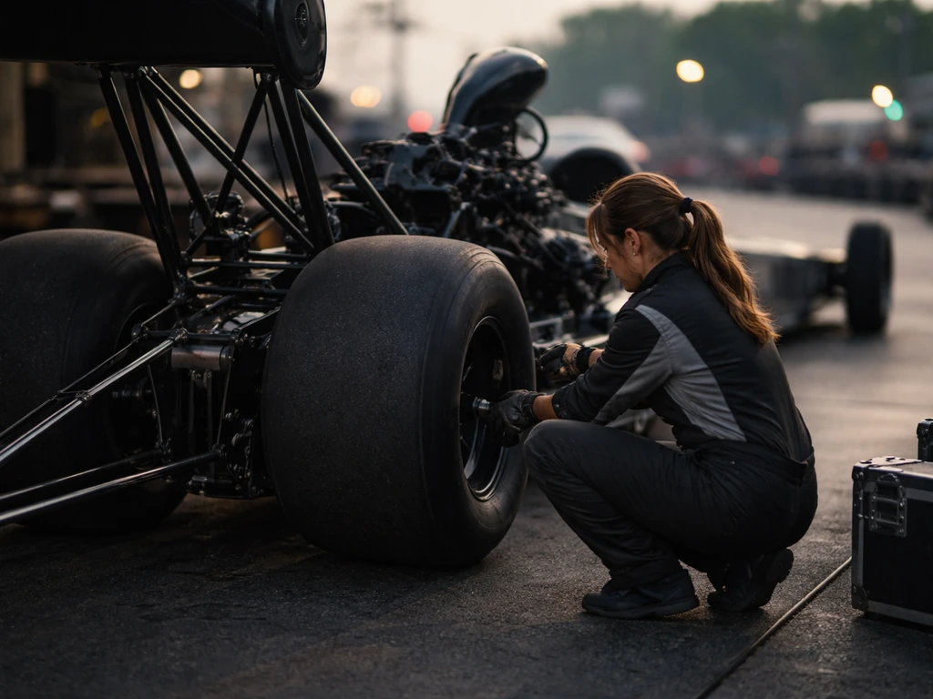 Top Fuel drag racing team member in a pit lane beside a dragster at an NHRA-style weekend