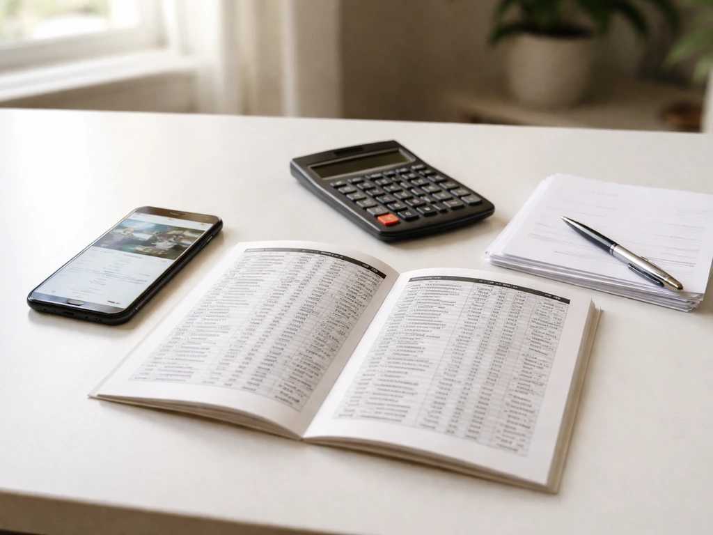 Minimal desk scene with documents, calculator, and a phone showing blurred sports news for verification.