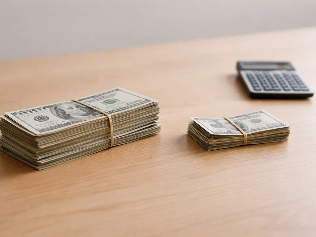 Minimal photo showing two separate stacks of cash with a calculator on a desk, symbolizing net worth vs annual income.