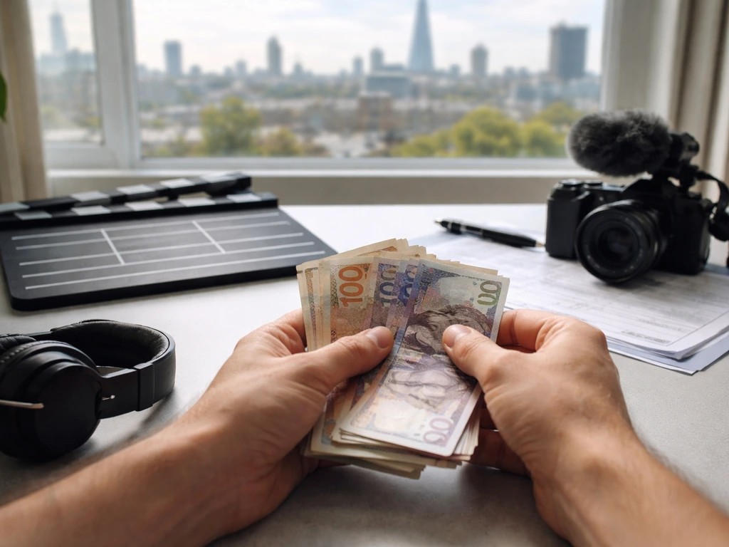 UK reality TV earnings concept: producer desk with camera gear and a simple cash bundle, no text.