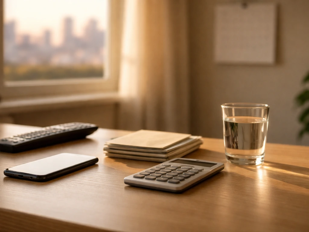 Minimal home office scene with calculator and cash-colored envelopes suggesting earnings and taxes.